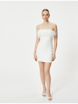 Koton Mini Straplez Elbise Otriş Tüy Detaylı Slim Fit Astarlı