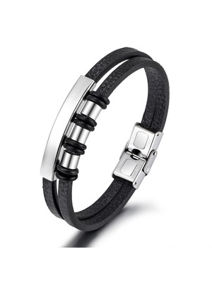 Okyanus Silver Çift Katmanlı Siyah Deri Gümüş Renk Çelik Plaka ve Kilit Sistemli Erkek Bileklik