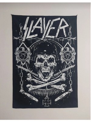 Owl Bag Metallica Slayer Siyah Beyaz Logolu Desenli Tasarım Duvar Halısı