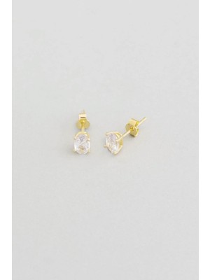 So CHIC Oval Taşlı 18 Ayar 6 mm Gümüş Tektaş Küpe