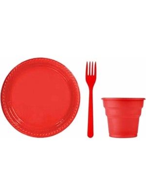 Kikajoy Kırmızı Renk Plastik Tabak + Bardak + Çatal Seti