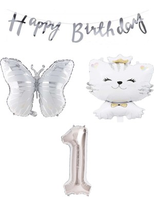 Bal10 Dünyası Happy Bırthday Banner Sevimli Kedi Kelebek Ve Rakam Folyo Balon Seti Yaş 1
