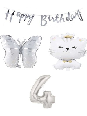 Bal10 Dünyası Happy Bırthday Banner Sevimli Kedi Kelebek Ve Rakam Folyo Balon Seti Yaş 4