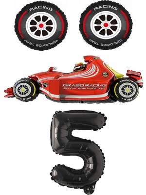 Rönesans Parti Kırmızı Yarış Arabası Lastik Ve Siyah Rakam Folyo Balon Seti Yaş 5