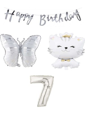 Rönesans Parti Happy Bırthday Banner Sevimli Kedi Kelebek Ve Rakam Folyo Balon Seti Yaş 7