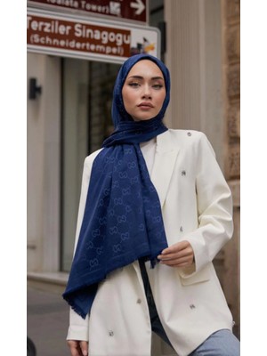 Tura Fashion Lacivert G Desen Çift Taraflı Kaşmir  Ipek Şal