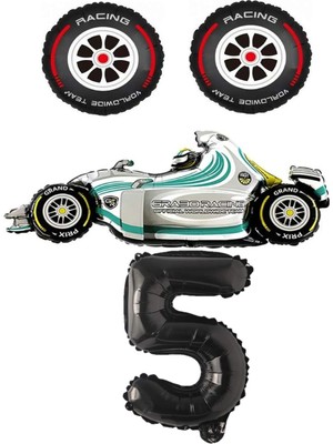 Best Parti Beyaz Yarış Arabası Lastik Ve Siyah Rakam Folyo Balon Seti Yaş 5