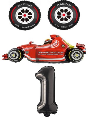 Best Parti Kırmızı Yarış Arabası Lastik Ve Siyah Rakam Folyo Balon Seti Yaş 1