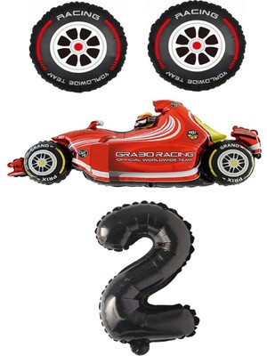 Best Parti Kırmızı Yarış Arabası Lastik Ve Siyah Rakam Folyo Balon Seti Yaş 2