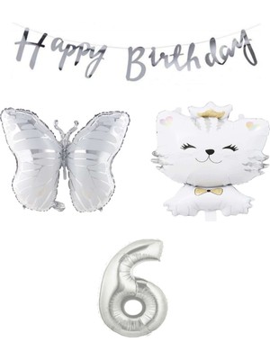 Best Parti Happy Bırthday Banner Sevimli Kedi Kelebek Ve Rakam Folyo Balon Seti Yaş 6