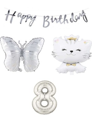 Best Parti Happy Bırthday Banner Sevimli Kedi Kelebek Ve Rakam Folyo Balon Seti Yaş 8