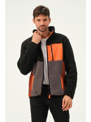 Polo State Erkek Fermuarlı Dik Yaka Parçalı Polar Ceket Siyah