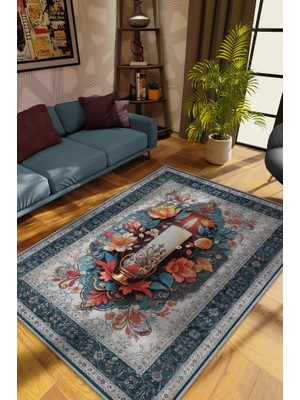 Homshtag Mum Temalı Halı Mavi Gri Meditasyon Halısı Çiçekli Vintage Halı Spiritüel Temalı Halısı