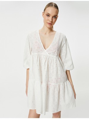 Koton Fisto Plaj Elbisesi Balon Kollu V Yaka Volanlı