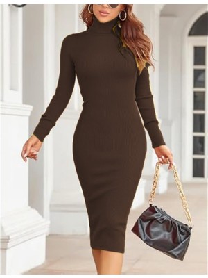 Moda Esintileri Kadın Uzun Balıkçı Yaka Midiboy Triko Elbise