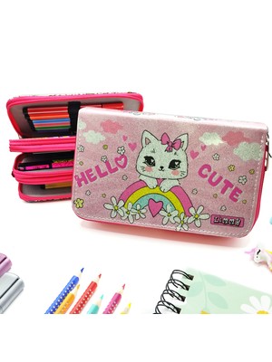 Limmy Simli Işıltılı Kitty Hello Cute Kalem Kutusu Vegan Deri Kalemkutu Üç Bölmeli Kalemlik Pembe