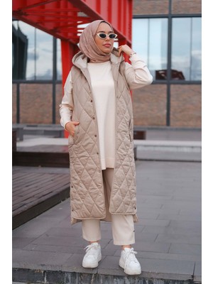 Minel Kadın Taba Kapüşonlu Kapitone Yelek MNL-023Y Bej