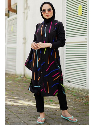 Minel Kadın Tesettür Mayo 2'li Set MNL-009U Siyah Yazlık Mikrofiber Desenli Astar: Astarsız