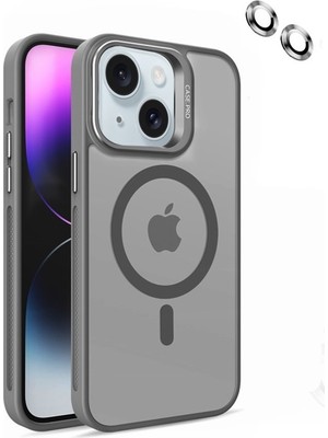 Case Street Apple iPhone 14 Plus Kılıf Magsafeli Standlı Sert Mika + Lens Koruyucu + Nano Gri