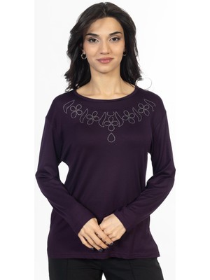 Mutlu City Yeni Model Taş Işlemeli Yuvarlak Yaka Likralı Anne Penye Bluz 6435