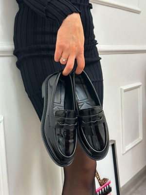 Erva'nın Butiği Siyah Rugan( Elsa)  Ortopedik Taban Kadın Loafer