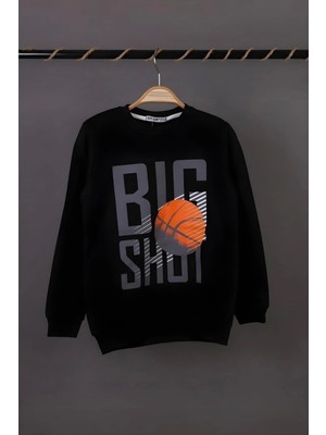 NSE Erkek Çocuk Bisiklet Yaka Siyah Renk Big Shot Basketbol Baskılı 3 Iplik Şardonsuz Basic Sweatshirt