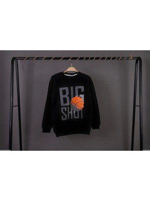 NSE Erkek Çocuk Bisiklet Yaka Siyah Renk Big Shot Basketbol Baskılı 3 Iplik Şardonsuz Basic Sweatshirt