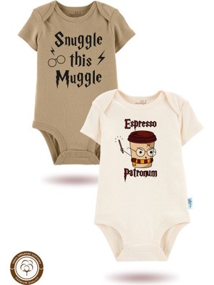 Mahfel 2'li Organik"snuggle This Muggle" Baskılı Kısa Kollu Bebek Body Zıbın  KISA-EKRU-KAHVE719-796