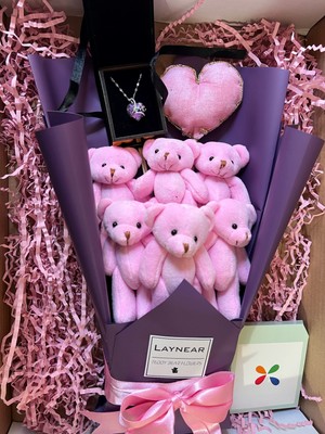 Laynear Pembe Sevimli Ayıcık Buketi Crystal Kalp Kolye