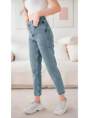 Kot Modası Mom Jean Likralı Kar Yıkama Jean Pantolon