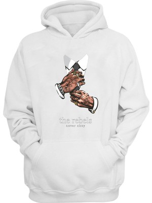 The Wert  The Rebels Never Obey Baskılı Beyaz Normal Kalıp Şardonlu Kalın Sweatshirt