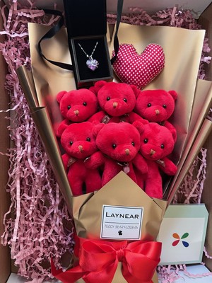 Laynear Kırmızı Peluş Ayıcık Buketi Crystal Kalp Kolye