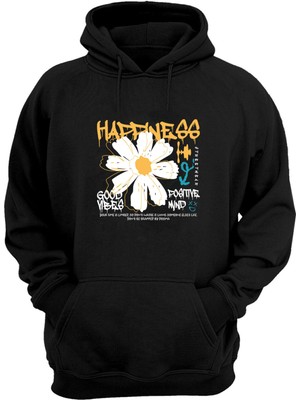 The Wert  Happıness Good Vibes Baskılı Siyah Normal Kalıp Şardonlu Kalın Sweatshirt