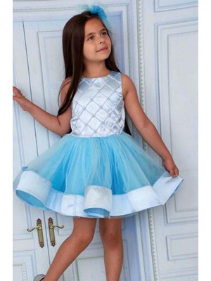 Riccotarz Kız Çocuk Inci Boncuk ve Etek Ucu Şerit Detaylı Mavi Abiye