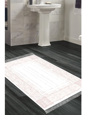 Dekoreko Dijital Banyo Halısı Trend Keçe Kaymaz Taban Saçaklı Modern Rana Pembe