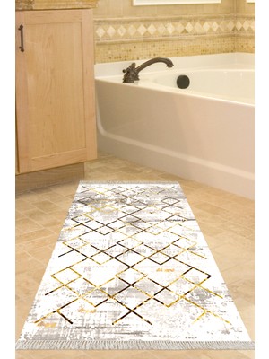 Dekoreko Dijital Banyo Halısı Trend Keçe Kaymaz Taban Saçaklı Modern Brooklyn Gold
