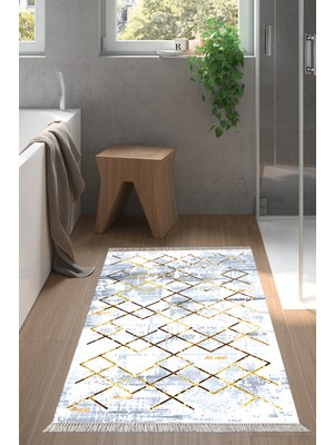 Dekoreko Dijital Banyo Halısı Trend Keçe Kaymaz Taban Saçaklı Modern Brooklyn Mavi