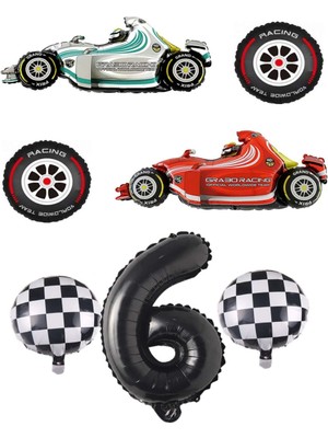 Best Parti Beyaz-Kırmızı Yarış Arabası Lastik Damalı ve Siyah Rakam Folyo Balon Seti Yaş 6
