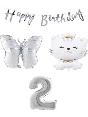 Best Parti Happy Bırthday Banner Sevimli Kedi Kelebek ve Rakam Folyo Balon Seti Yaş 2