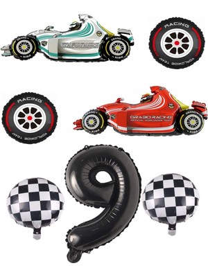 Rönesans Parti Beyaz-Kırmızı Yarış Arabası Lastik Damalı ve Siyah Rakam Folyo Balon Seti Yaş 9