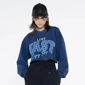 Friday Offset Fast Kadın Lacivert Bisiklet Yaka Ekstra Oversize Crop Sweatshirt - Şardonlu 3 Iplik