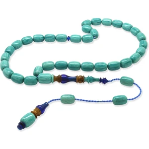 Her Bir Tanesi Usta Işçilikli Hitame Kuka Kombinasyonlu Kapsül Kesim Turkuaz-Mavi Katalin Tesbih