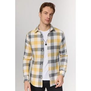 Slim Fit Dar Kesim Kareli Oduncu Sarı-Beyaz Erkek Gömlek