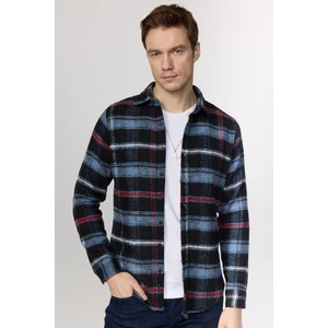 Slim Fit Dar Kesim Kareli Kışlık Oduncu Mavi-Siyah Erkek Gömlek