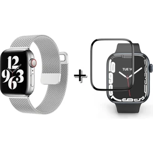 Apple Watch 9 45MM Için Metal Mıknatıslı Kordon Kayış + Ekran Koruma Filmi - FC157