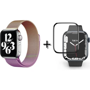 Apple Watch 9 45MM Için Metal Mıknatıslı Kordon Kayış + Ekran Koruma Filmi - FC157