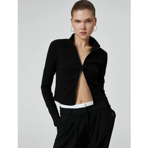 Fermuarlı Triko Hırka Dik Yaka Kaşkorse Uzun Kollu