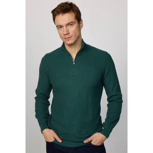 Slim Fit Dar Kesim Dik Yaka Fermuarlı Desenli Yeşil Erkek Triko Kazak