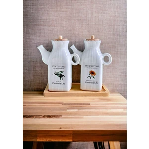 PEMBELİA LİFE Bambu Standlı Etiketli Kare 2’li Porselen 1000 ml Yağdanlık Seti Yağlık Takımı