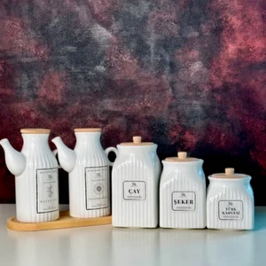 PEMBELİA LİFE 2’li 6 Parça Standlı Çizgili Porselen 1000ML Yağdanlık ve 3’lu Çay Şeker Türk Kahve Kavanoz